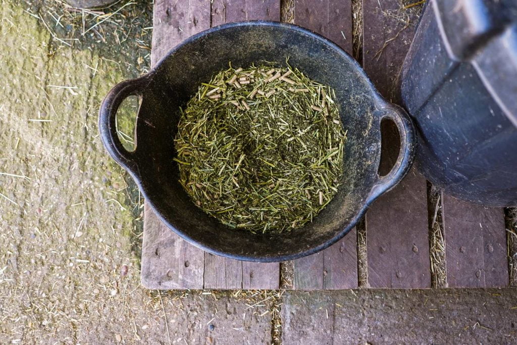 Lucernefoder i spand i stald