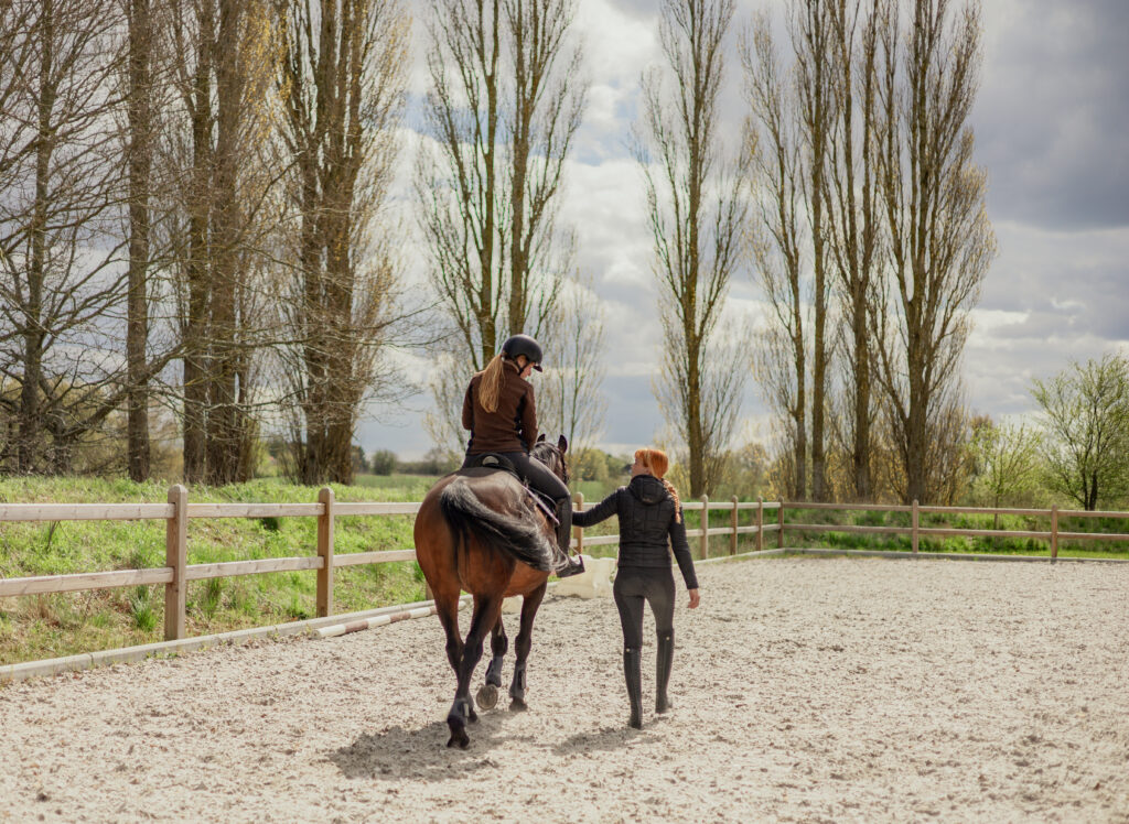 to-heste-veninder-snakker-den-ene-sidder-på-hesten-den-anden-gaar-ved-siden-af-hesten