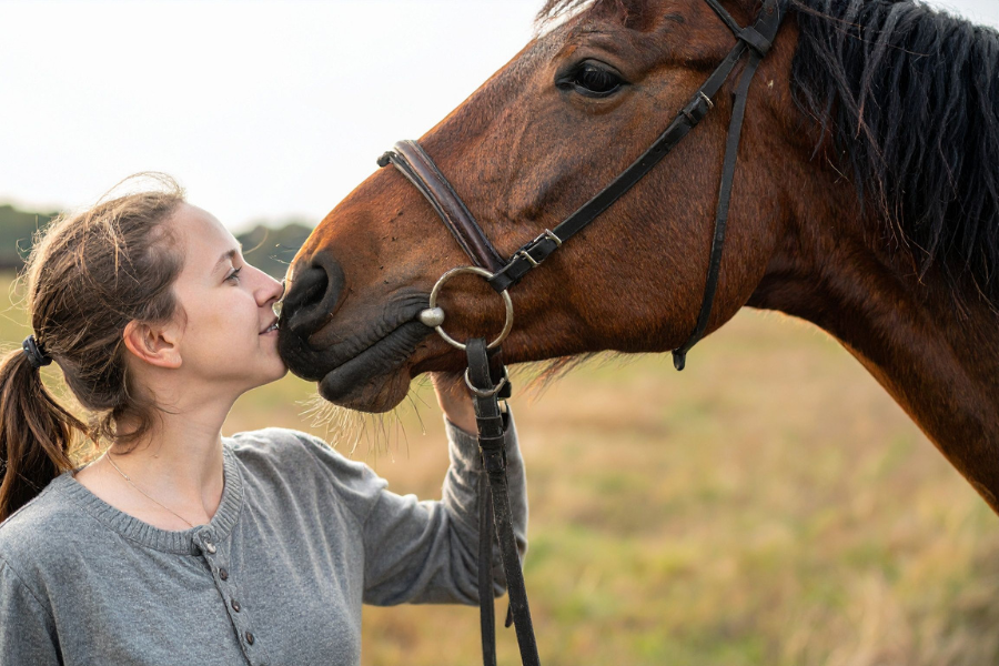 Pige kysser hest paa mule og smiler.