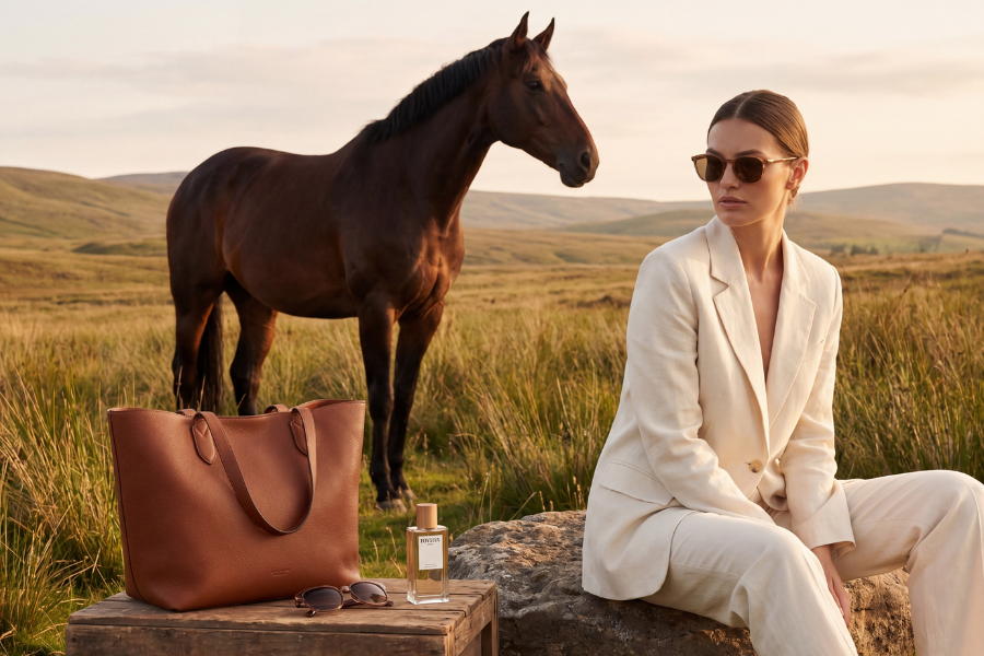 Fashion photo of woman horse and accessories.