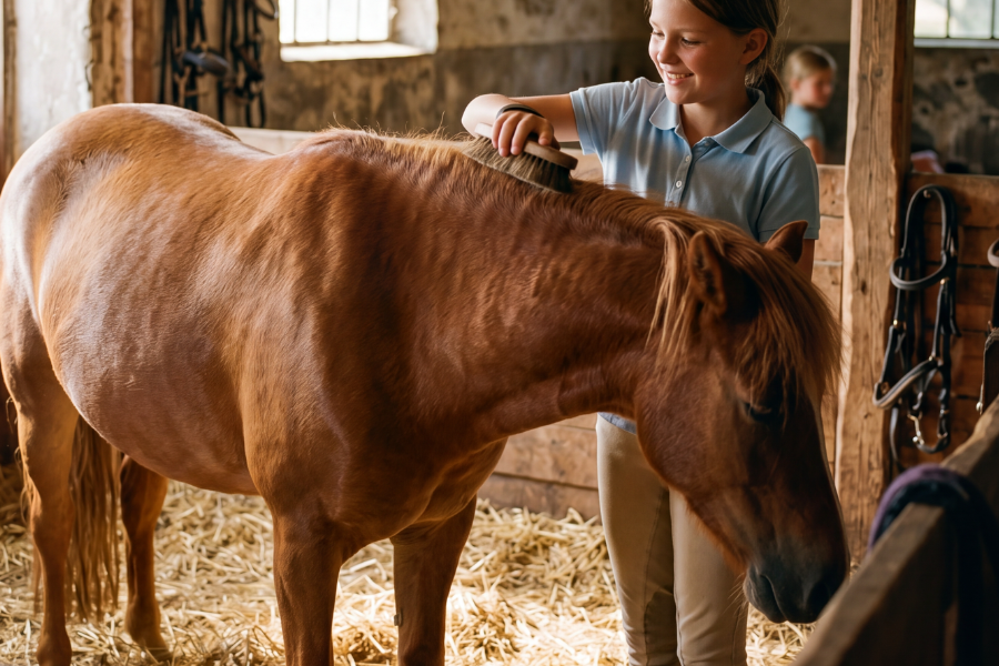 Pige strigler pony i boksen