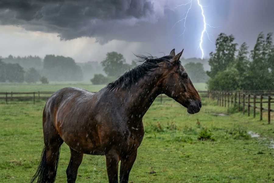hest står på fold i tordenvejr
