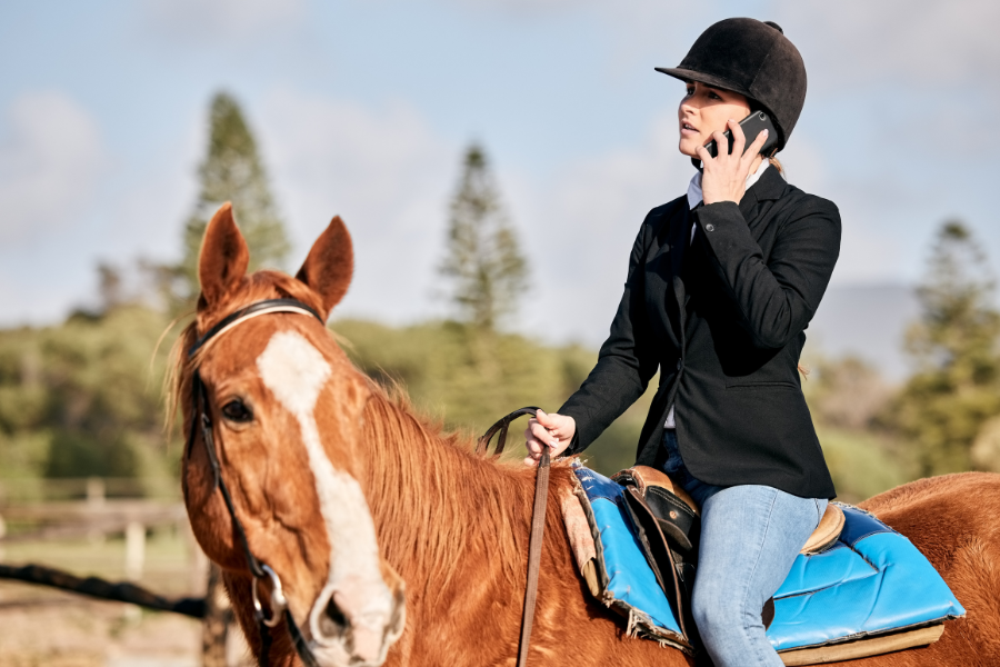 Rytter sidder på sin hest og taler i telefon.